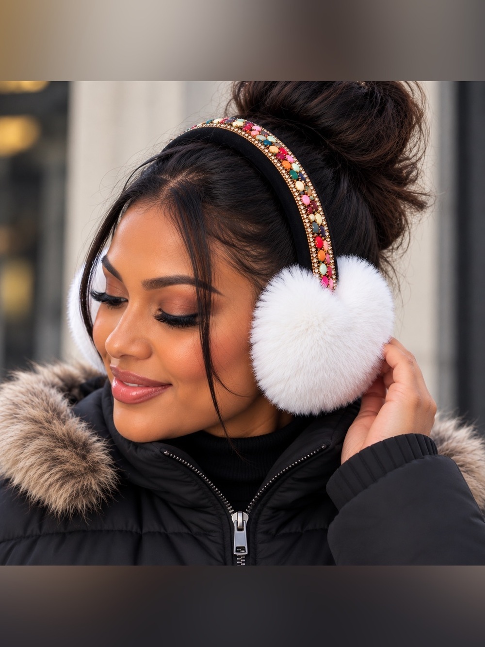 Winter Warm Soft Fuzzy Bejeweled Earmuffs – White | Brand New